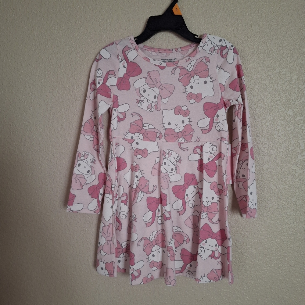 Hello Kitty Pink Bow Print Girls Long Sleeve Dress Toddler